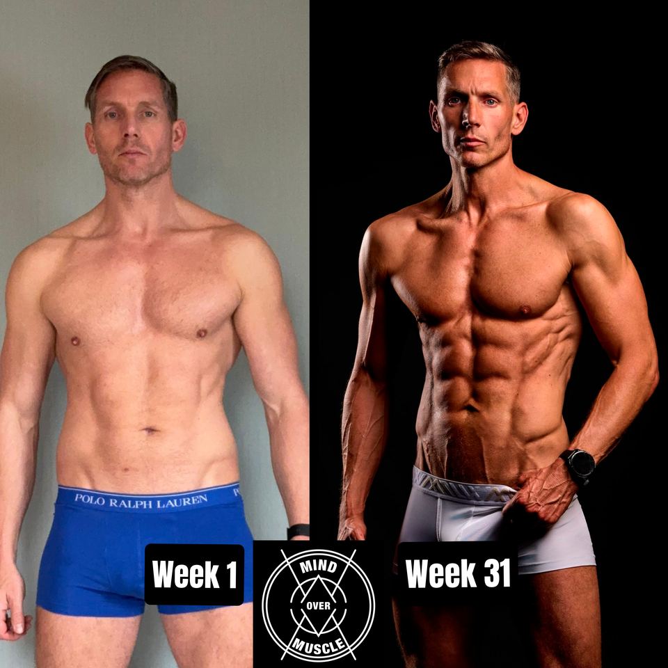 Voor en na van Ruud (46) bij Mind Over Muscle: week 1 en week 31