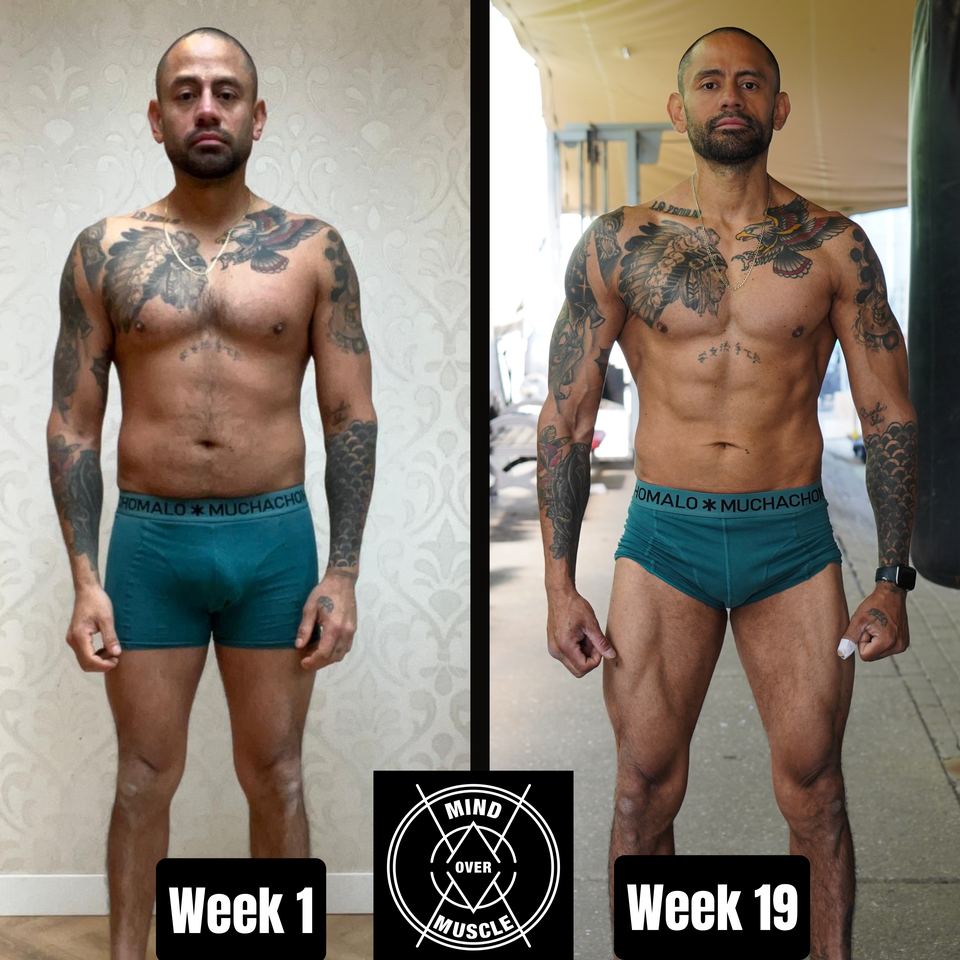 Voor en na van Carlos (44) bij Mind Over Muscle: week 1 en week 19