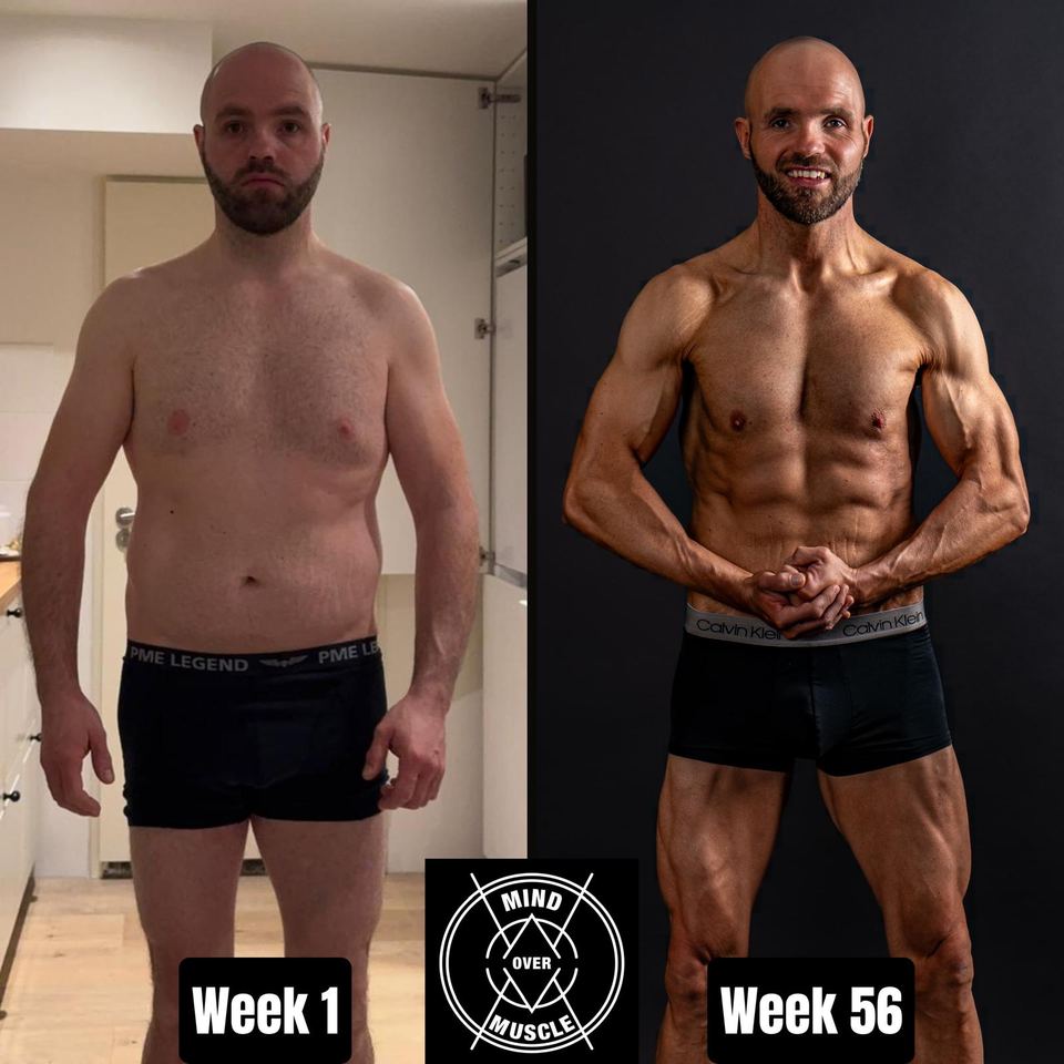 Voor en na van Coen (42) bij Mind Over Muscle: week 1 en week 56