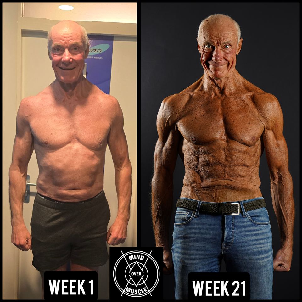 Voor en na van Bert-Jan (72) bij Mind Over Muscle: week 1 en week 21