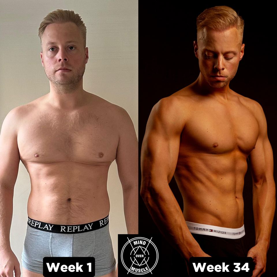 Voor en na van Koen (32) bij Mind Over Muscle: week 1 en week 34