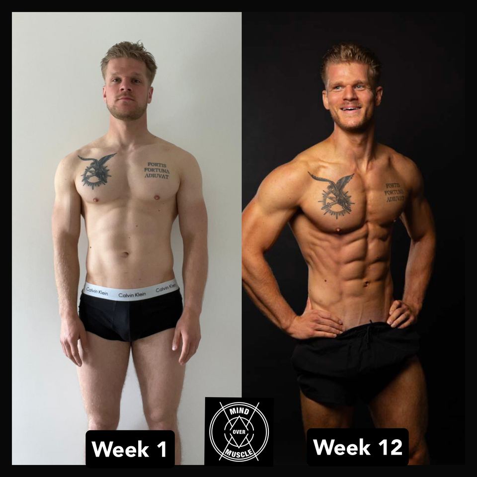 Voor en na van Christiaan (26) bij Mind Over Muscle: week 1 en week 12